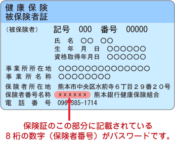 保険証のこの部分に記載されている8桁の数字（保険者番号）がパスワードです。